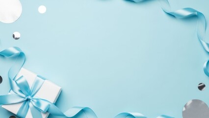 Baby Blue Gift Box with Ribbon and Confetti Background.