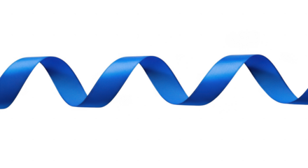 A vibrant blue satin ribbon curled in a continuous wave pattern isolated on transparent background