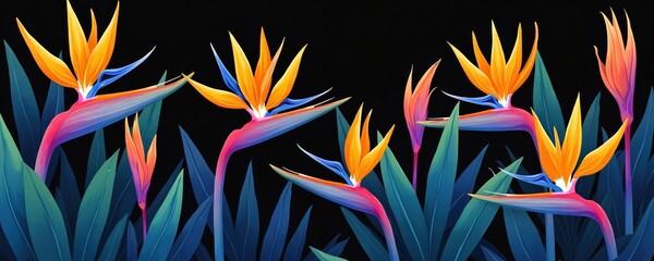Vibrant strelitzia flowers in full bloom contrast against deep black background. Tropical foliage surrounds exotic blooms creating striking graphic pattern. This bold botanical art evokes paradise.