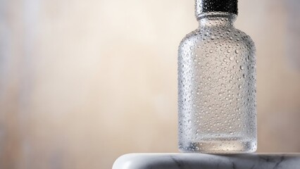 Close-up of a Clear Glass Bottle with Black Cap.