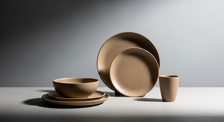 Still life of beige ceramic dinnerware set against a neutral backdrop