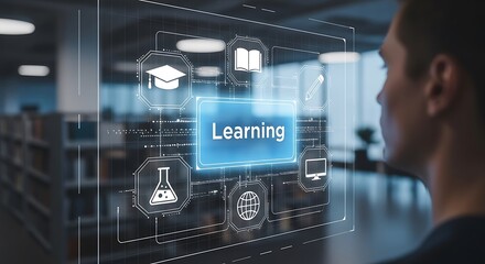 A man looks at a digital screen with the word learning and icons representing education and knowledge the concept of elearning