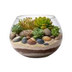 Vibrant succulent terrarium with colorful pebbles and sand layers in a clear glass bowl for home decor