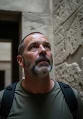 Fototapeta premium Explorer With Backpack Looks Up In Narrow Ancient Egyptian Stone Corridor With Carved Wall