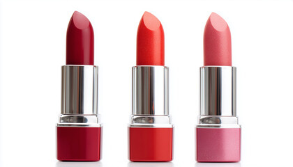 Obraz premium Three red and pink lipsticks isolated on white background