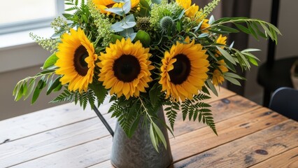 A vibrant bouquet of bright yellow sunflowers and lush green foliage arranged in a rustic metal pitcher on a wooden table