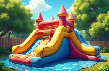 Bright inflatable water slide stands on green grass in backyard. Colorful bouncy castle offers kids entertainment. Sunny day outdoor fun at children playground near fence.