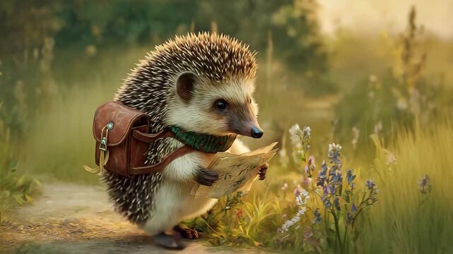 Adorable hedgehog with a backpack reads a map on a sunny path a whimsical illustration for childrens books and nature-themed designs
