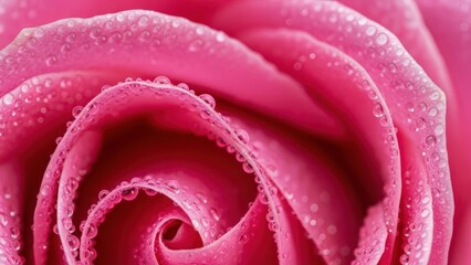 Close up of a vibrant pink rose bloom covered in tiny, glistening water droplets after a gentle rain or morning dew
