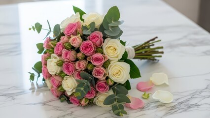 Beautiful bouquet of pink and white roses with eucalyptus leaves resting on a white marble surface