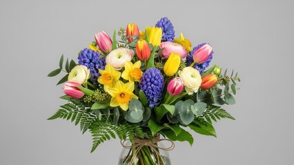 Vibrant spring bouquet featuring colorful tulips, bright yellow daffodils, and deep blue hyacinths with lush green foliage