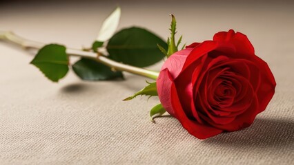 A single, vibrant red rose with dew drops rests delicately on a textured beige surface, symbolizing deep affection and romance