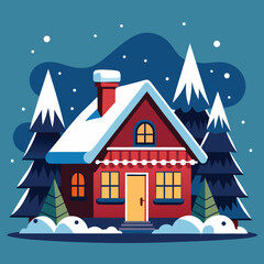 Snowy cottage vector winter house silhouette design with trees and snowflakes