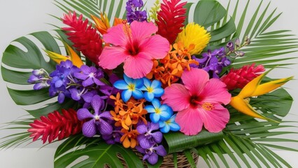 Vibrant tropical flower arrangement featuring pink hibiscus, red ginger, blue orchids, and lush green foliage in a basket