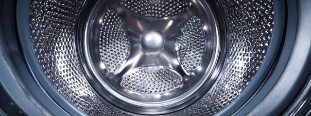 Close-Up View of a Modern Washing Machine Drum Highlighting Its Stainless Steel Interior and Efficient Design