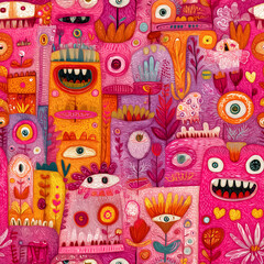 Seamless Whimsical Doodle Monster Pattern in Vibrant Pink and Orange