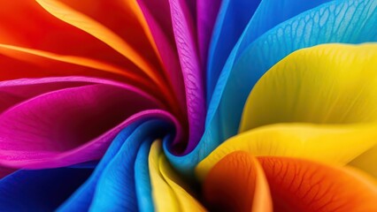 Vibrant swirl of rainbow colored fabric petals creating a mesmerizing abstract pattern with intense saturation and depth
