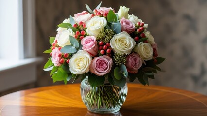 Beautiful bouquet of pink and white roses with red berries arranged in a clear glass vase on a wooden table