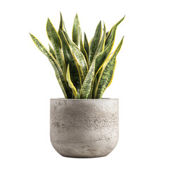 Vibrant snake plant (sansevieria trifasciata) in a stylish grey concrete pot, isolated for modern interior decor.