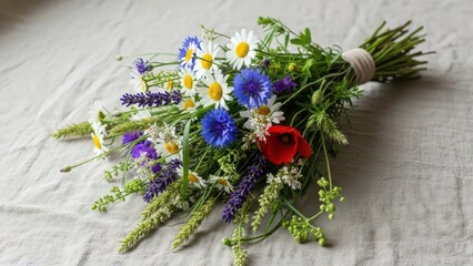 A vibrant bouquet of freshly picked summer wildflowers including daisies, cornflowers, and poppies tied together