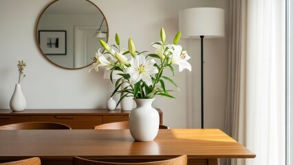 Elegant white lily bouquet centerpiece on a polished wooden dining table in a bright, modern room setting