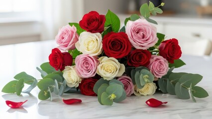 A beautiful bouquet of mixed red, pink, and white roses with green eucalyptus leaves on a white surface