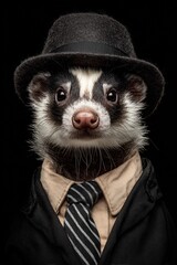 Gentle Styled Animal squnk Wearing Hat Tie Suit and Watch on Dark Black Background