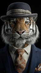 Gentle Styled Animal tiger Wearing Hat Tie Suit and Watch on Dark Black Background