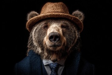 Gentle Styled Animal Bear Wearing Hat Tie Suit and Watch on Dark Black Background