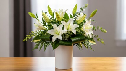 Elegant arrangement of white lilies and lush green foliage presented in a simple white vase on a wooden table