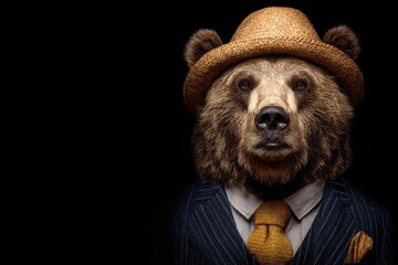 Gentle Styled Animal Bear Wearing Hat Tie Suit and Watch on Dark Black Background