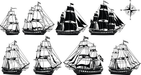 Vintage sailing ship silhouettes and outline sketches set, antique nautical vessel collection with compass rose, retro sea travel boat vector illustration