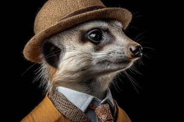 Gentle Styled Animal  Wearing Hat Tie Suit and Watch on Dark Black Backgromeerkatund