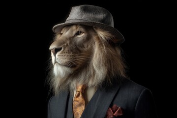 Gentle Styled Animal lion Wearing Hat Tie Suit and Watch on Dark Black Background