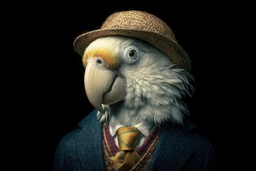 Gentle Styled Animal Parrot Wearing Hat Tie Suit and Watch on Dark Black Background