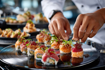 Chef preparing sushi rolls with fresh ingredients on a unique serving platter