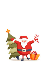 Vector illustration of Santa with a Christmas tree and a gift