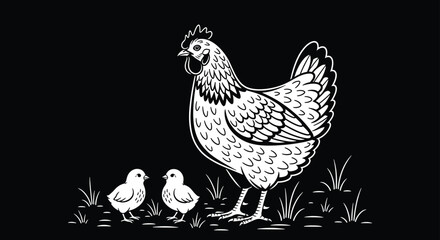 White vector illustration of a hen and two little chicks standing in grass, isolated on black background, farm animal family concept, rural nature art