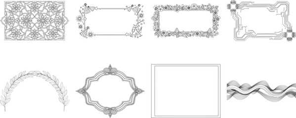 Collection of decorative frames and borders in black and white isolated on transparent background