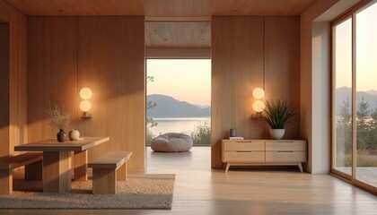Living area shows contemporary design with wooden walls, table. Modern interior includes plant in pot. Light wood furniture contrasts with soft daylight, nature scene through window provides calm