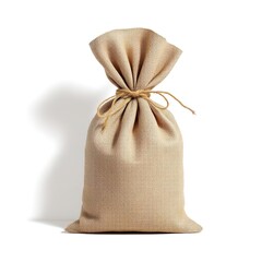 Isolated burlap sack bag with tie string on white background for storage and packaging needs