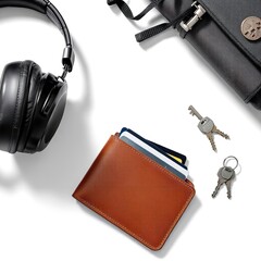 Flat lay essentials wallet headphones keys and bag on white background for product photography 100