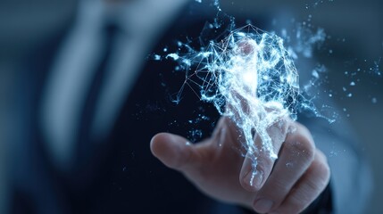Digital Interaction: A hand in a tailored suit delicately interacts with a radiant, digital energy field, symbolizing innovation and technological advancement.