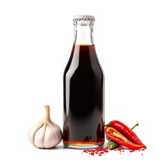 Spicy sauce bottle with garlic and chili peppers on white background food photography studio shot