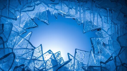 Shattered Glass Fragments with Blue Light Background.