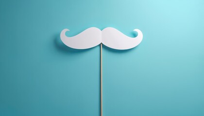 White paper cut-out mustache on a stick against a blue background. Top view flat lay representing the Movember concept. Paper mustache prop on a wooden stick. Blue paper background with shadow.