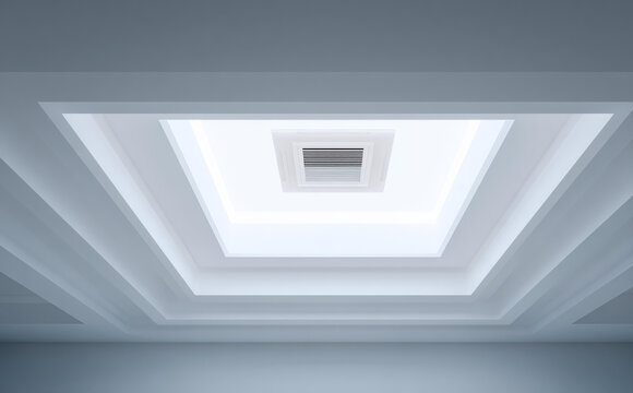 Abstract white geometric ceiling architecture with minimal tunnel design creates calm feeling and sense of depth looking up through futuristic square skylight window structure
