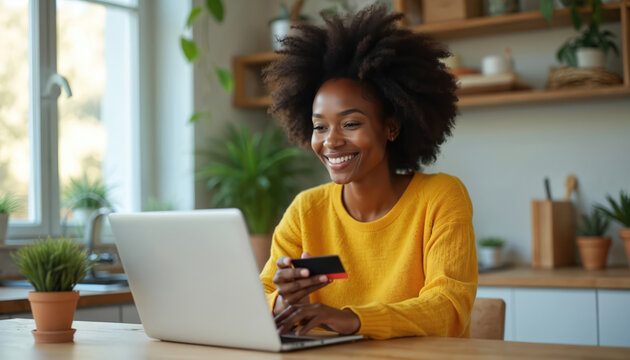 Smiling african american woman shops online at home using laptop computer and credit card. Happy consumer makes payment for purchases using ecommerce website. Bright interior setting. - Powered by Adobe