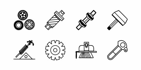 Fototapeta premium Diverse collection of line art icons depicting essential industrial tools, machine components, and mechanical engineering elements for various technical applications