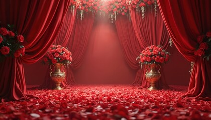 Luxurious red floral wedding design photo. Dramatic drapes frame rose bouquets in ornate vases. Scattered petals create romantic scene. Perfect for Valentine Day or anniversary celebration